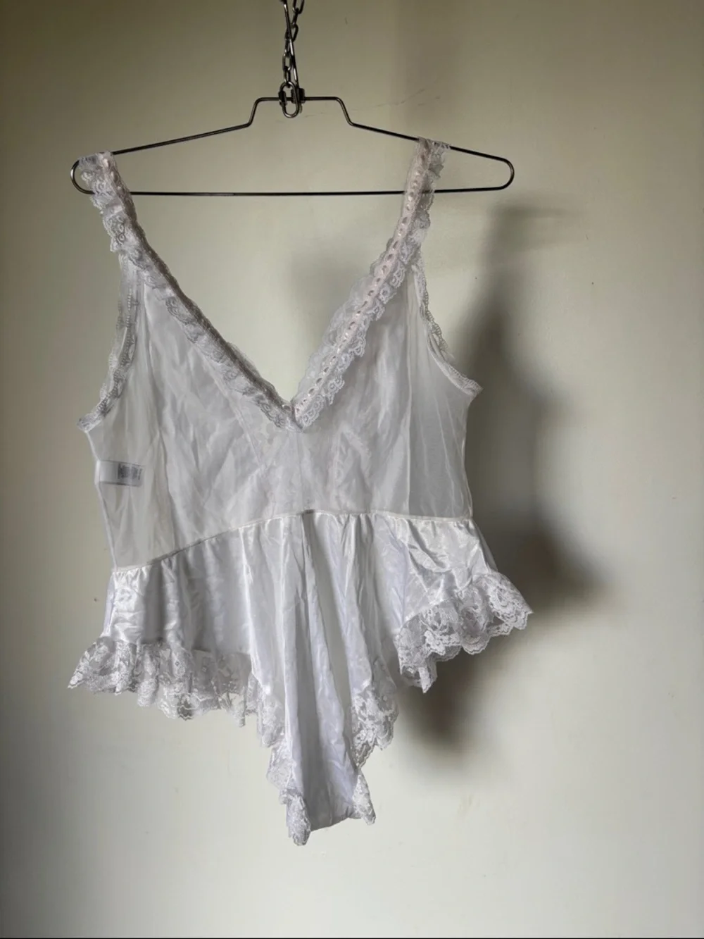 White Floral Lace Trim Satin Teddy Bodysuit Pink Ribbon Roses Vintage - Picture 5 of 10